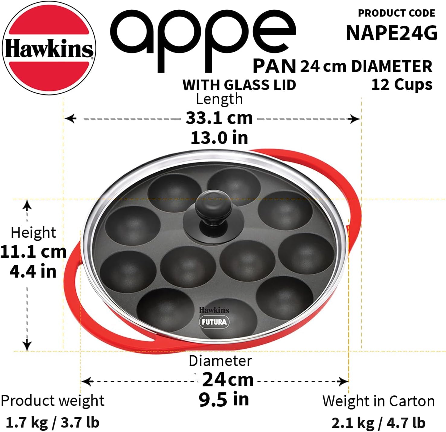 futura-24-cm-inside-diameter-appe-pan-26-cm-outer-diameter-non-stick-paniyaram-maker-with-glass-lid-12-cups-paniyarakkal-litti-kuzhi-paniyaram-ponganalu-red-nape24g