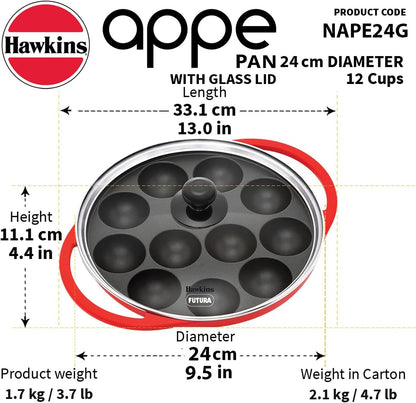 Futura 24 Cm (Inside Diameter) Appe Pan 26 Cm Outer Diameter, Non Stick Paniyaram Maker with Glass Lid, 12 Cups Paniyarakkal, Litti, Kuzhi Paniyaram, Ponganalu, Red (NAPE24G)3