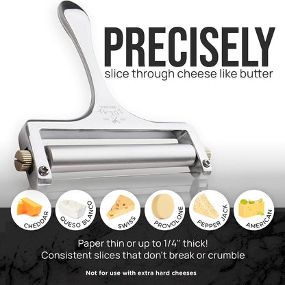 Stainless Steel Wire Cheese Slicer - Adjustable Hand Held Cheese Cutter with 2 Extra Wires - Premium Cheese Knife for Mozzarella, Cheddar, Gruyere - Cheese Cutter with Wire (Silver)3