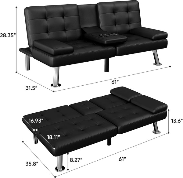 Futon Sofa Bed, Black Faux Leather Convertible Loveseat Couch3