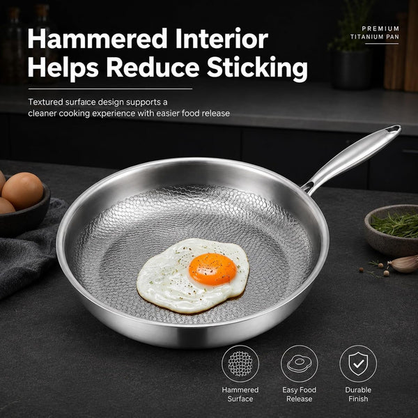 10Inch Titanium Pro Pans for Cooking, Titanium Frying Pan with Lid | Uncoated Hammered Cookware, Pfas-Free & No Coating, Oven & Induction Safe, Scratch-Resistant, Even Heating, Dishwasher Safe3