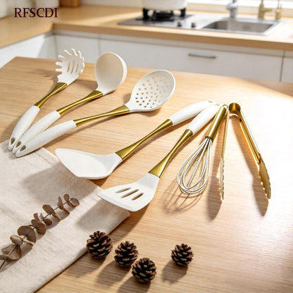 Elegant White Gold Silicone Cooking Utensils Set - Non-Toxic, Dishwasher Safe Kitchen Utensils Set with Heat Resistant Comfort Handles - Includes Spatula & Spoon for Nonstick Cookware2