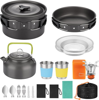18Pcs Camping Cookware Kit, Nonstick Pots Pans and Kettle Set | Nonstick Camping Cookware Set with Kettle, Cups, Plates, and Utensils for Backpacking, Hiking, and Camping1