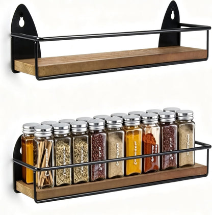 2 Pack Spice Rack Wall Mount Rustic Style Hanging Spice Organizer for Wall, Kitchen Spice Storage,Black1