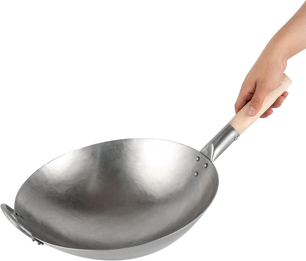 Carbon Steel Wok 1 Pack of 14 Inch Heavy-Duty Stir Fry Pan Silver Hand Hammered Wok Efficient Maneuvering Steel Helper Handle Uniform Heat Distribution Asian Cooking9