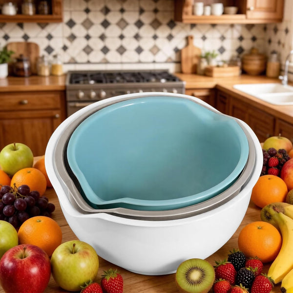 3Pcs Mixing Bowls with Pour Spout-Nesting Design Saves Space - Non-Slip, BPA Free, Dishwasher Safe Plastic - Kitchen Cooking and Baking Supplies (White)4