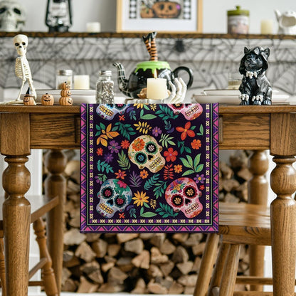 Day of the Dead Mexican Table Runner,Sugar Skull Linen Tablecloth for Dia De Los Muertos Mexican Party Firesta Holiday Kitchen Dining Room Home Decoration，13"X 72"4