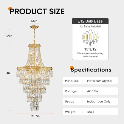 Gold Crystal Chandeliers 13 Lights Luxury Modern Chandelier for High Ceilings Large Pendant Light Fixture Foyer Staircase Hallway Entryway Living Room Hall Lobby 40" H X 21.7" D3
