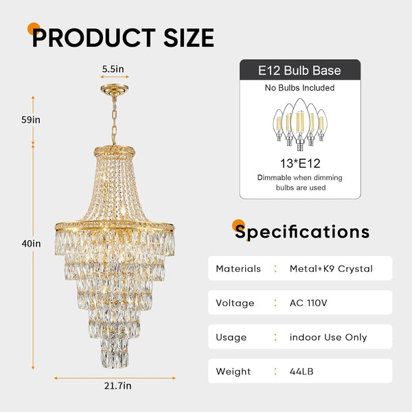 Gold Crystal Chandeliers 13 Lights Luxury Modern Chandelier for High Ceilings Large Pendant Light Fixture Foyer Staircase Hallway Entryway Living Room Hall Lobby 40" H X 21.7" D3