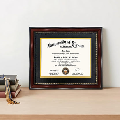 8.5X11 Diploma Frame with Black over Gold Mat or Display 11X14 Document without Mat, UV Protection Acrylic, Mahogany with Gold Beads2