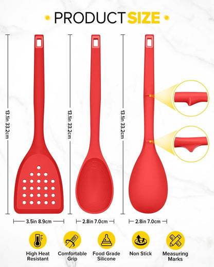 Pack of 4 Silicone Cooking Utensils Set, Non Stick Solid Spatulas and Heat Resistant Slotted Spoons with Back Hooks, Ideal BPA Free Kitchen Utensils Set for Frying,Serving,Turning,Stirring (RED)3