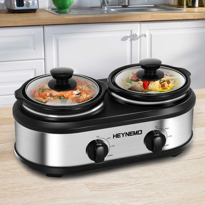 Double Slow Cooker, Buffet Servers and Warmers, Dual 2 Pot Slow Cooker Food Warmer, Adjustable Temp Dishwasher Safe Removable Ceramic Pot Glass Lid, 2 X 1.25 QT Portable Small Crock Cooker7