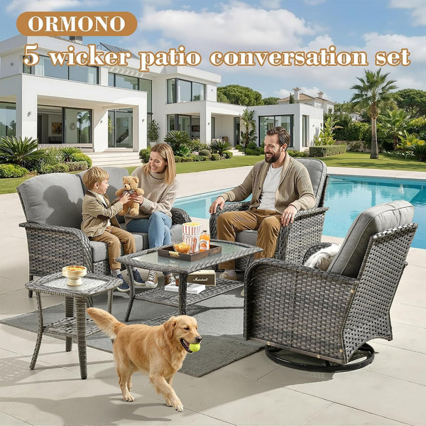 5 Pieces Patio Furniture Set, All Weather Rattan Patio Conversation Sets with Swivel Rocking Chairs, Coffee Table, High Back Outdoor Furniture Loveseat for Porch, Backyard,Dark Grey8