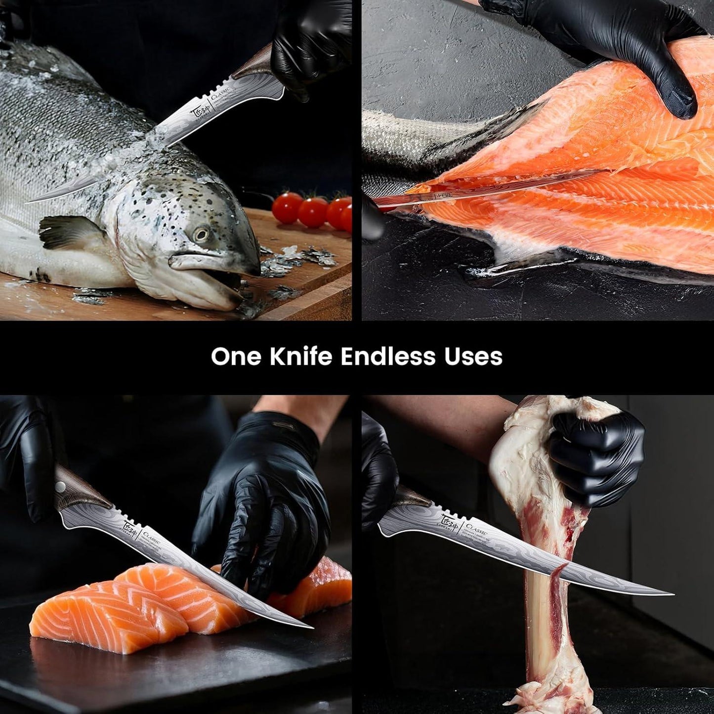 72-inch flexible German high carbon fillet knife used to fillet fish and remove meat from bone