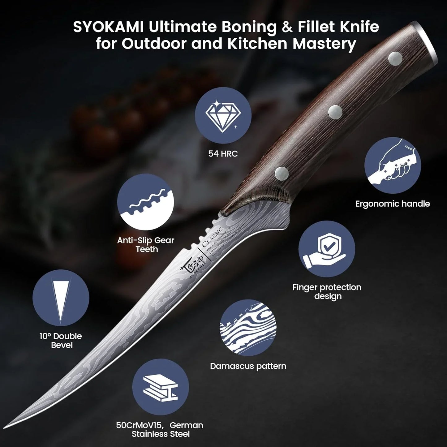 SYOKAMI flexible boning and fillet knife with Damascus pattern blade and ergonomic wooden handle