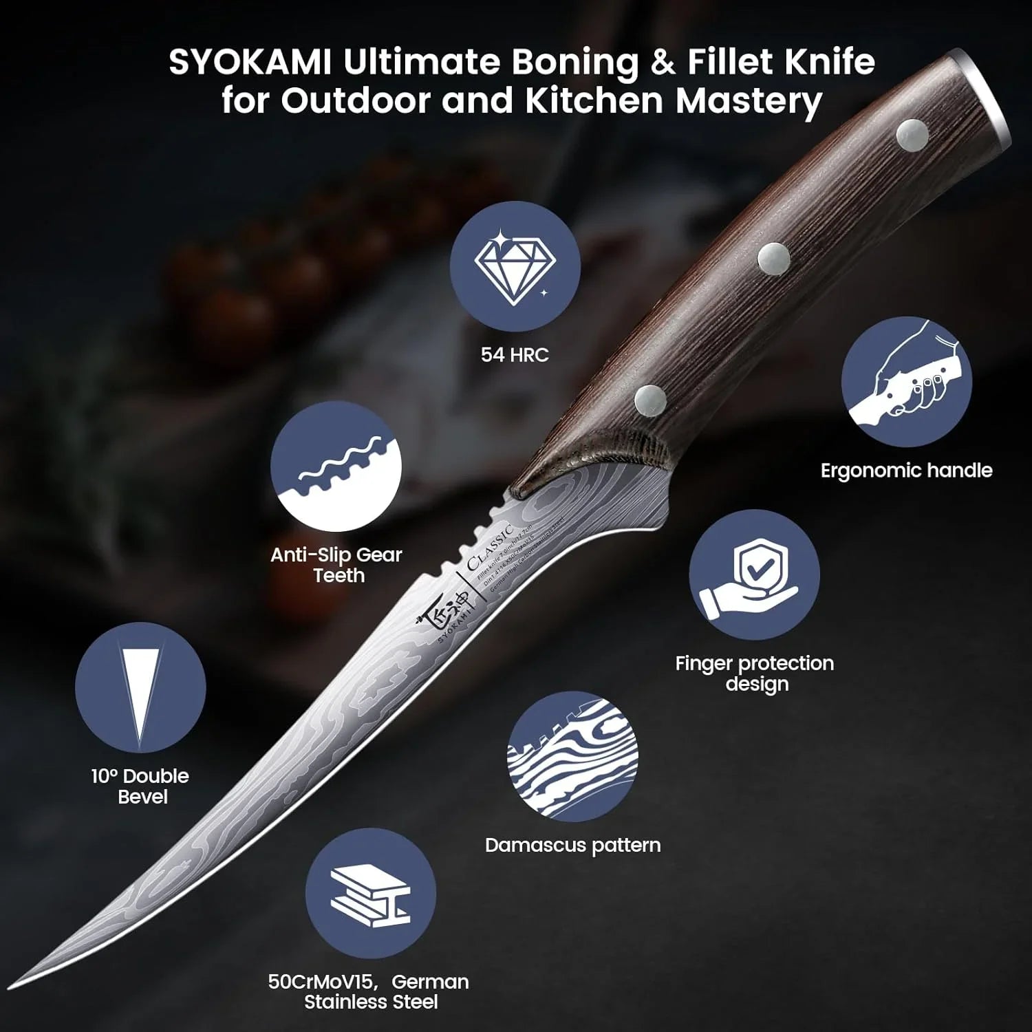 SYOKAMI flexible boning and fillet knife with Damascus pattern blade and ergonomic wooden handle