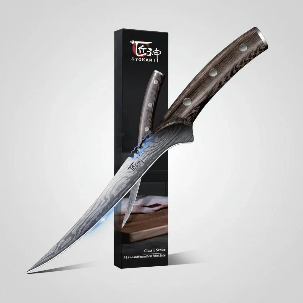 7-inch flexible fillet knife with damascus steel blade and wooden handle, Syokami brand packaging