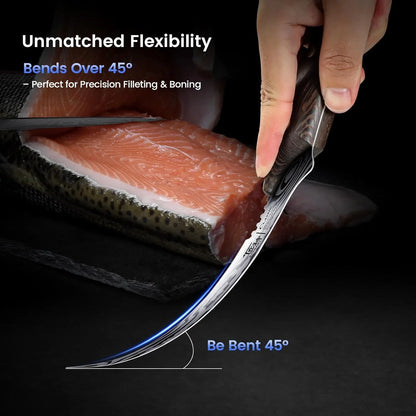 Flexible fillet knife bent over 45 degrees cutting salmon fillet on dark surface