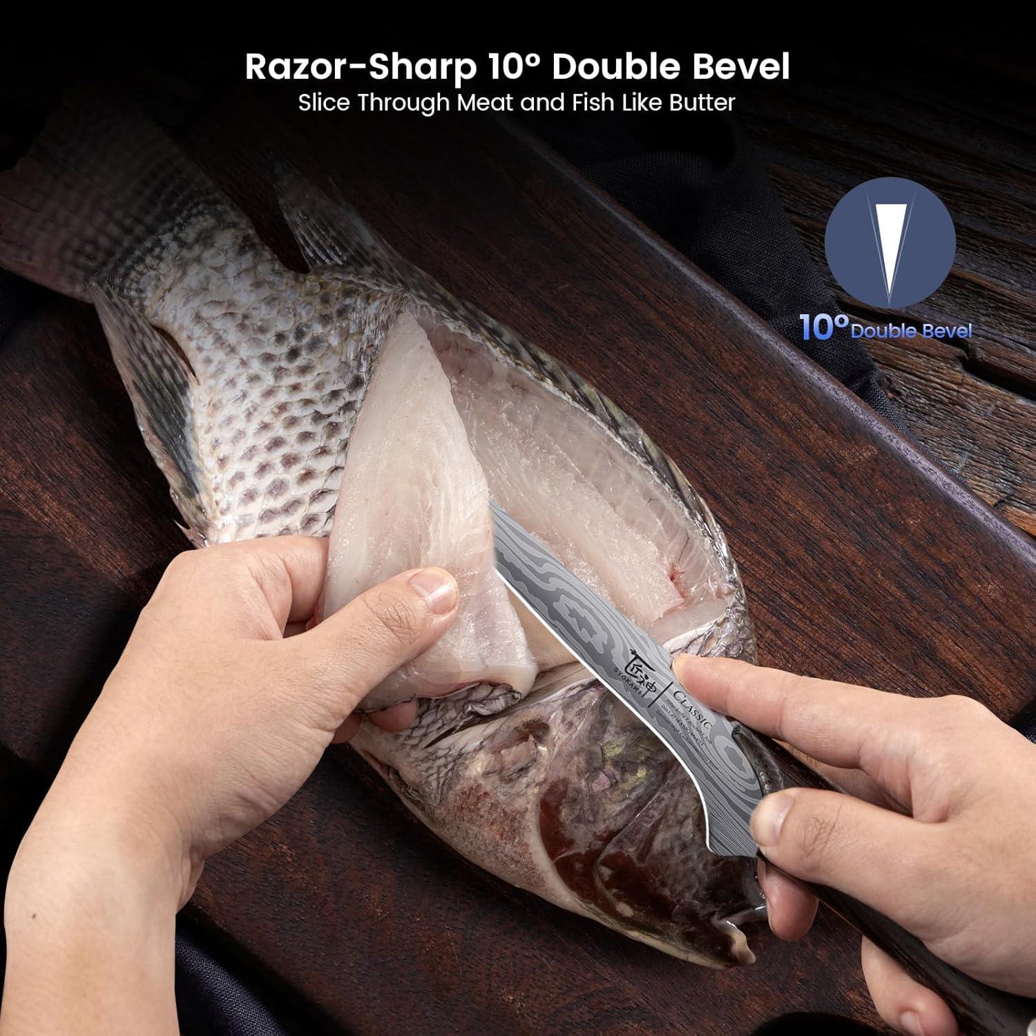 Hands filleting fresh fish with a sharp 10° double bevel flexible German high-carbon boning knife on a wooden board