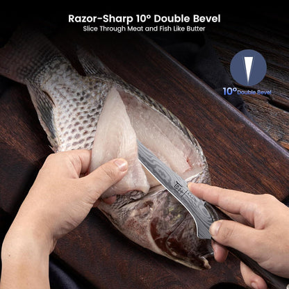 Hands filleting fresh fish with a sharp 10° double bevel flexible German high-carbon boning knife on a wooden board