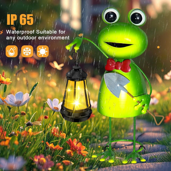 Solar Garden Lights 13.78In Tall Metal Frog Statue with Solar Lantern Decor7