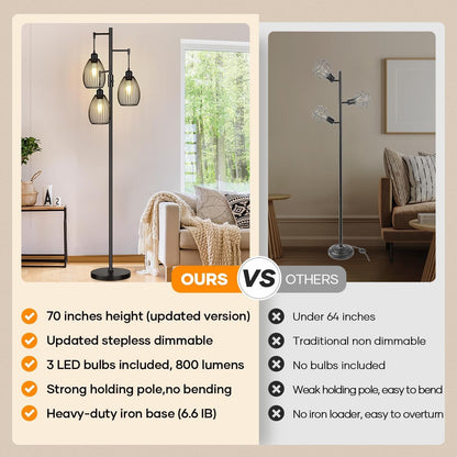 Dimmable Floor Lamp, 3 X 800LM LED Edison Bulbs Included, Farmhouse Industrial Floor Lamp Standing Tree Lamp with Elegant Teardrop Cage Tall Lamps for Living Room Bedroom Office Dining Room-Black2