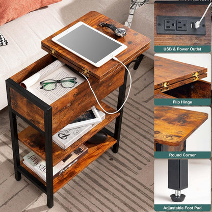 End Table with Charging Station, Flip Top Side Table with USB Ports and Outlets, Sofa Couch Table Bedside Table for Living Room Bedroom, Narrow Nightstand with Storage Shelves for Small Space4
