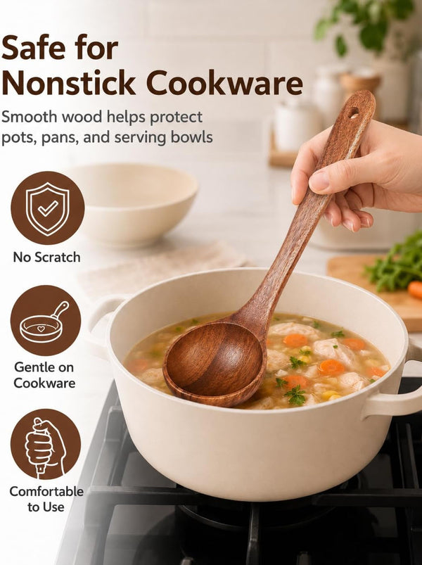 Wooden Soup Spoon, Natural Teak Wood Soup Ladle with Long Handle, Deep Scooper Serving Spoon for Soup, Gravy, Sauce, Porridge & Stew, No-Scratch Cooking Utensil for Nonstick Cookware, 10.6"3