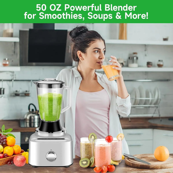 16 Cup Food Processor Blender Combo, 11-In-1 Glass Blender for Home | 1.8L Glass Blender, 5 Preset Modes, Veggie Meat Chop, Dice, Shred, Slice, French Fries Cut,Dough Knead, Blend, Stepless Speed9