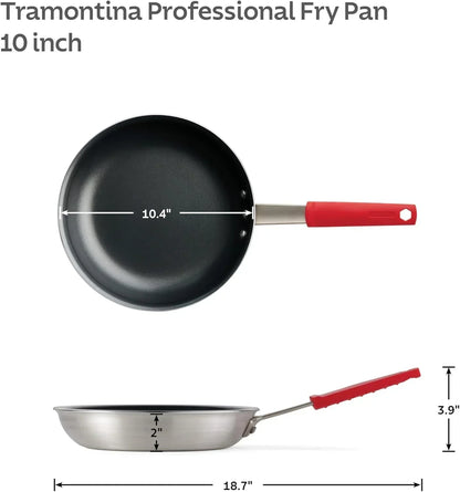 Tramontina Professional 10 inch fry pan with dimensions showing a 10.4 inch diameter.4