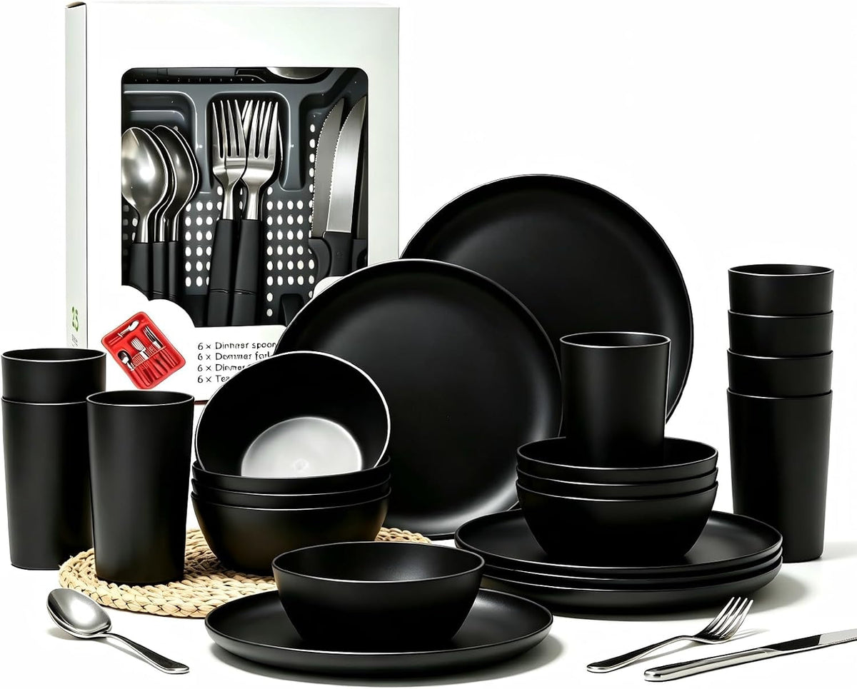 24pcs-matte-black-dinnerware-set-plates-bowls-cups-unbreakable-dishes-for-8-reusable-bpa-free-tableware-dishwasher-safe-for-kitchen-party-picnic-camping-bonus-cutlery-set-included