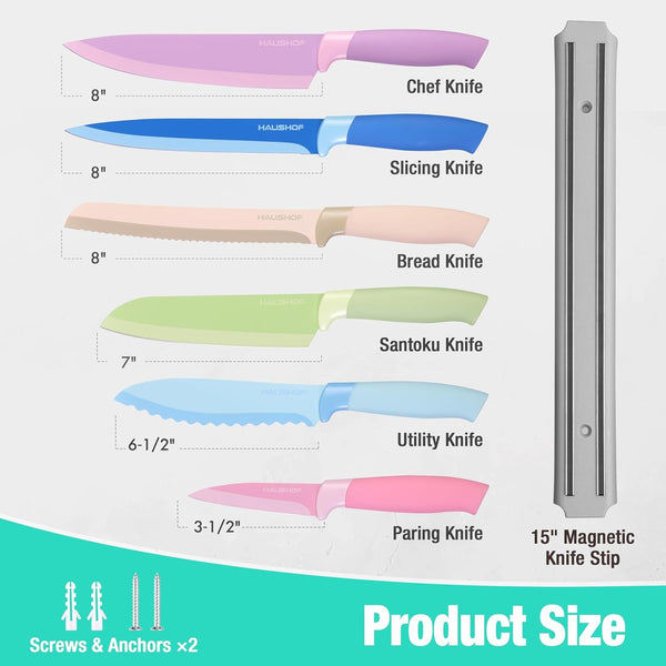 6PCS Colorful Kitchen Knife Set with Magnetic Knife Strip for Wall | Knives Set for Kitchen, Non-Stick Coated Stainless Steel Blades for Slicing, Dicing, Magnetic Knife Holder for Storage2