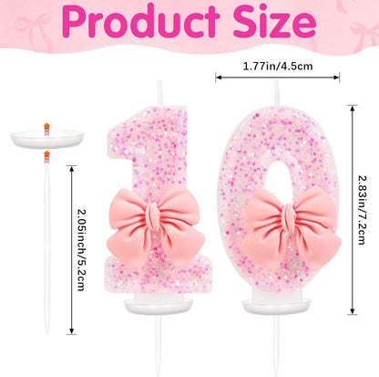 Number 10 Birthday Candle, Pink Bow Birthday Candles, Glitter Candle Cake Topper, Happy Birthday Cake Decoration Gifts, Anniversary Party Supplies for Girl2