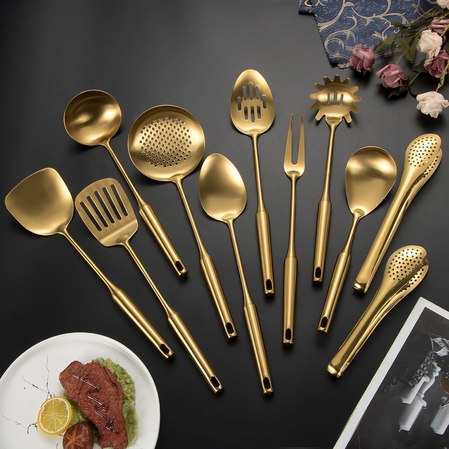 304-stainlss-steel-matte-kitchen-utensils-set-11-pcs-long-metal-cooking-utensil-gadgets-tools-set-with-spatula-spoon-ladle-skimmer-tunner-pasta-server-tongsgold-dishwasher-safe