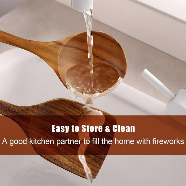 Wooden Spoons for Cooking, 10 Pcs Teak Wooden Cooking Utensil Set with Holder, Wooden Kitchen Utensils Set for Nonstick Pans & Cookware5