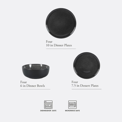 Tahoe Sunset 12 Piece Stoneware Reactive Glaze (Service for 4) Ceramic Plates and Bowls Dinnerware Set - Black2
