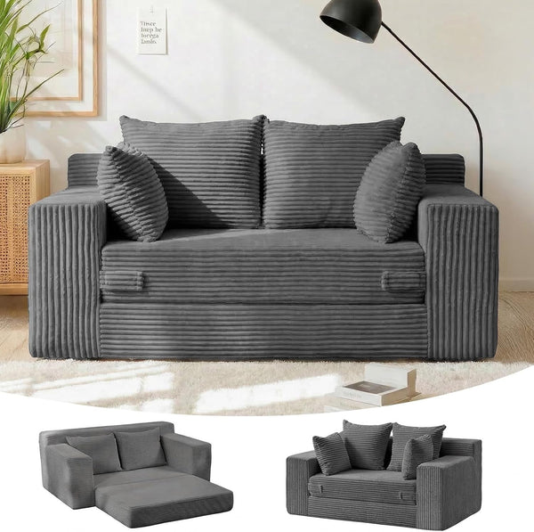 Winzon Boneless Loveseat, 3 in 1 Convertible Sofa Bed Sleeper Sofa Floor Futon Bed with 4 Pillows, 55" Grey Boneless Couch for Living Room, Guest Room, Small Space, No Assembly Required, Corduroy1