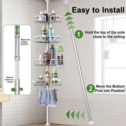 Corner Shower Caddy Tension Pole 4 Tier Adjustable Stainless Steel Shower Shelf for inside Shower Bathtub Shampoo,Standing Bathroom Organizer Shelves with 26 to 120 Inch Height9