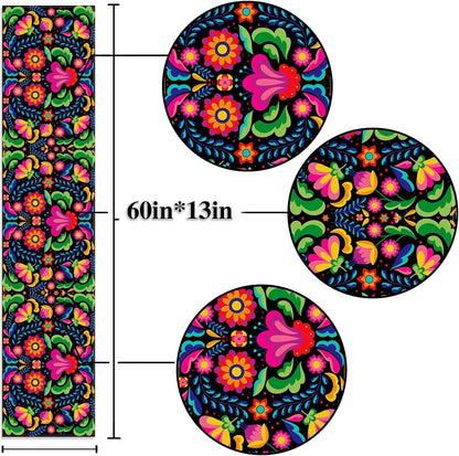 Mexican Table Runner for Day of the Dead Fiesta Dia De Los Muertos Rustic Linen Home Dining Room Kitchen Table Decorations (13" X 60", Black)5