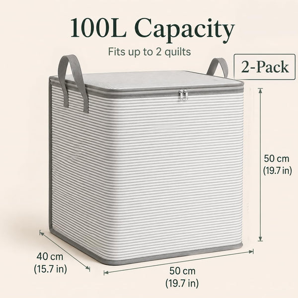 2 Pack 100L Extra Large Capacity Storage Box, 20X16X20 in Foldable Moving Bin with Zipper and Handle, Reinforced Fabric Organizing Bag for Blanket Quilt Clothes Bedding, Gray5