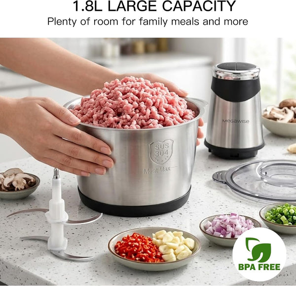 Food Processor, 800W Electric Meat Grinder, 1.8L Stainless Steel Bowl & 1.8L Glass Bowl, Dual Speed Modes for Meat, Onion, Vegetables, Nuts, Fruits, Baby Food6