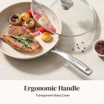 Nonstick Cookware Sets, Frying Pan Set with Tempered Glass Lids, Ceramic Cookware Set, Stay-Cool Handles, Dishwasher & Oven Safe, Compatible with All Cooktops, Beige (8+9.5+11 Inch)5