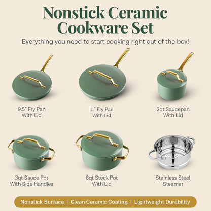 Modern 11 Pc Ceramic Cookware Set, Elegantly Designed Pots and Pans Set Non Stick with Steamer, Induction Bottom, Premium Stay Cool Handles, Non Toxic PFOA Free, Oven & Dishwasher Safe2