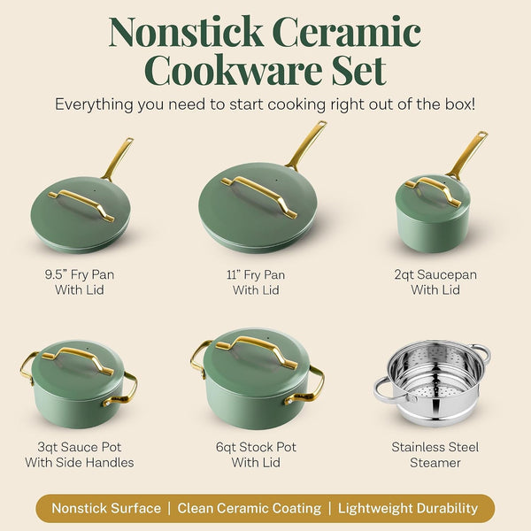 Modern 11 Pc Ceramic Cookware Set, Elegantly Designed Pots and Pans Set Non Stick with Steamer, Induction Bottom, Premium Stay Cool Handles, Non Toxic PFOA Free, Oven & Dishwasher Safe2