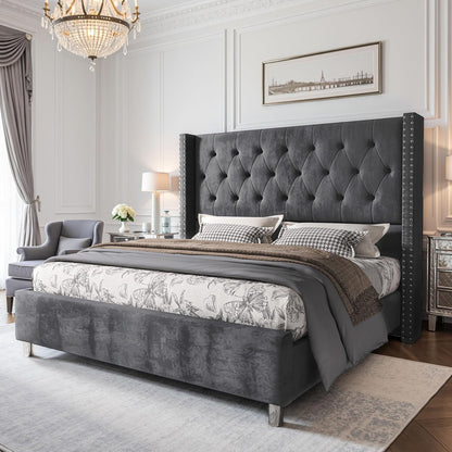 Queen Velvet Bed Frame with 49.2" Tall Wingback Headboard, Grey1