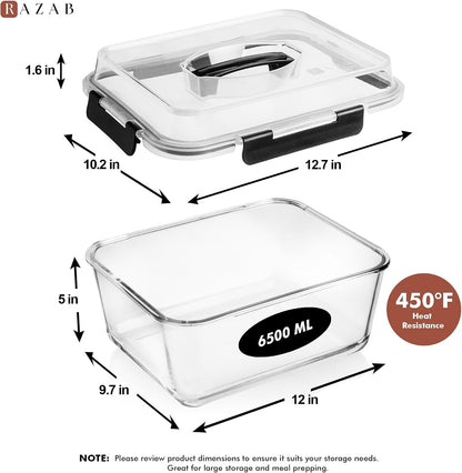 6500Ml / 220 Oz / 28 Cups Extra Large Glass Food Storage Containers with Lids - Leakproof Glass Meal Prep Containers with Locking Lids for Roasting & Storing Leftover - Microwave & Oven Safe3