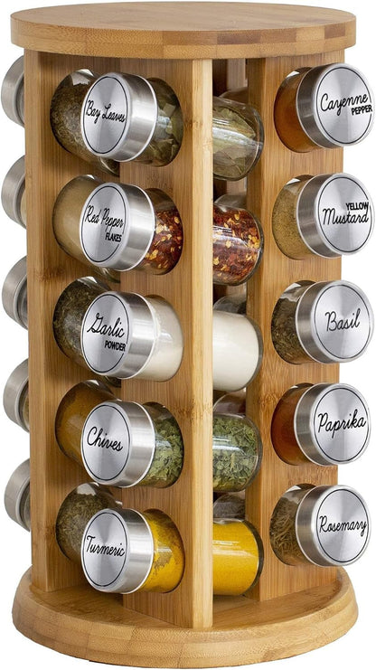 20 Jar Rotating Bamboo Spice Rack with Spices Included & 5-Year Free Spice Refill Program – Revolving Countertop Spice Rack with Glass Jars1