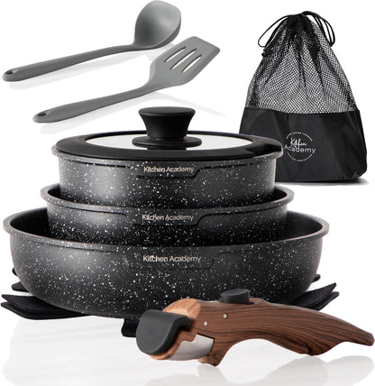 Removable Handle Induction Pots and Pans Set - 10 Piece Non-Stick Cookware Sets, Black Granite Stackable RV Cookware for Camp | Stackable Nonstick Cookware Set with Detachable Handle. Oven & Induction Safe, Space-Saving Design for Camping.1