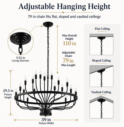 Large Black Wagon Wheel Chandelier 24-Light 39In for High Ceilings6