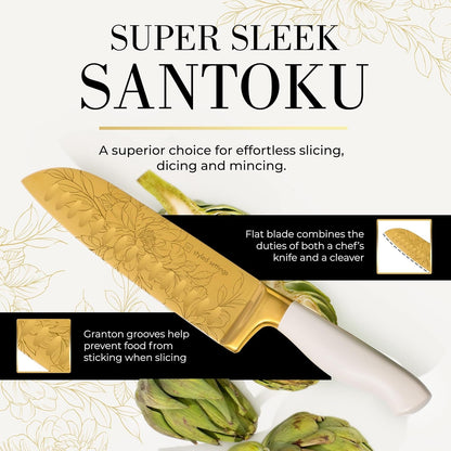 White and Gold Knife Set with Elegant Floral Pattern, 14-PC | Golden Titanium-Coated Stainless Steel Gold Knives with Block, Ultra-Sharp, Durable Kitchen Knife Block Set8
